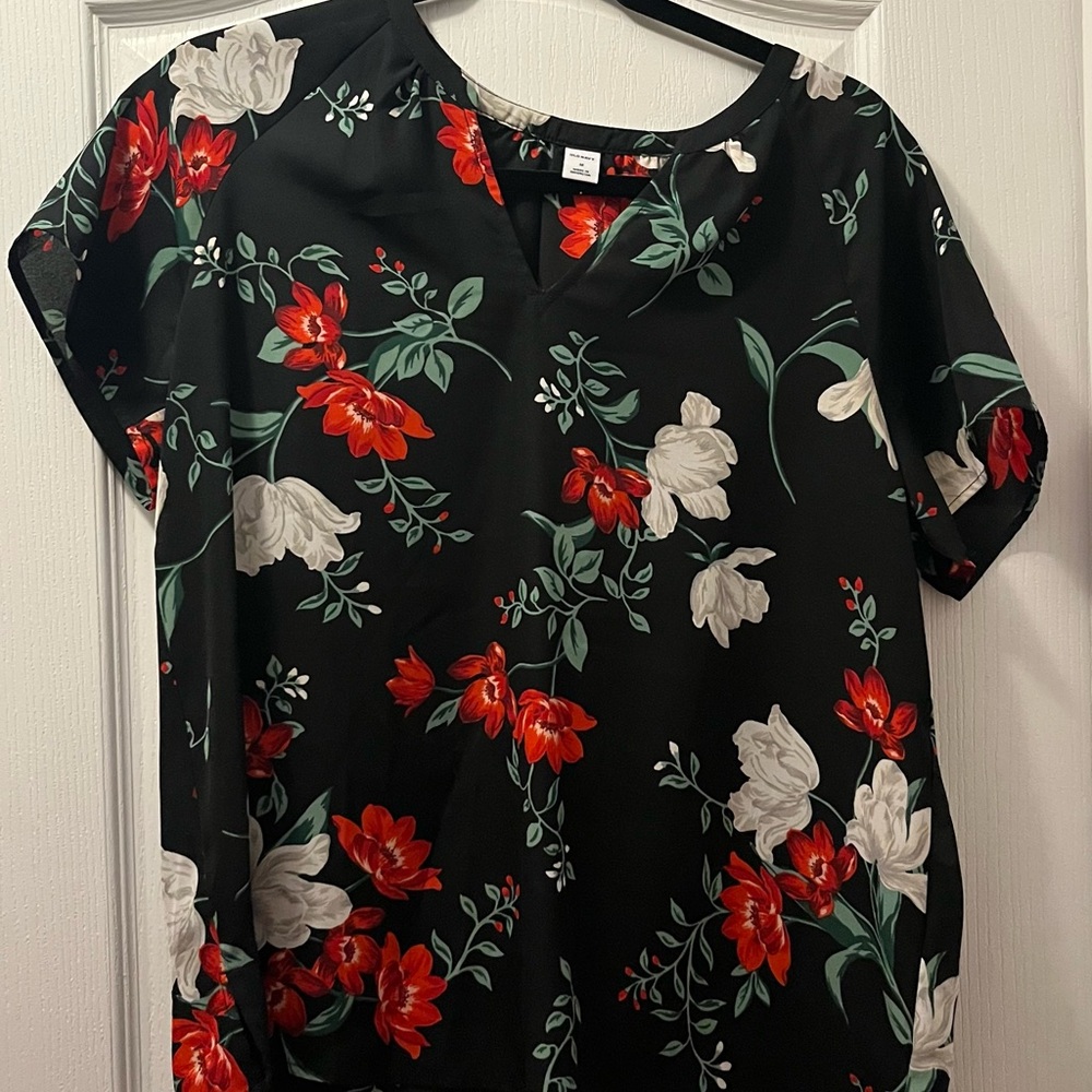 Old Navy Black Floral Split-Neck Blouse with Red & White Flowers